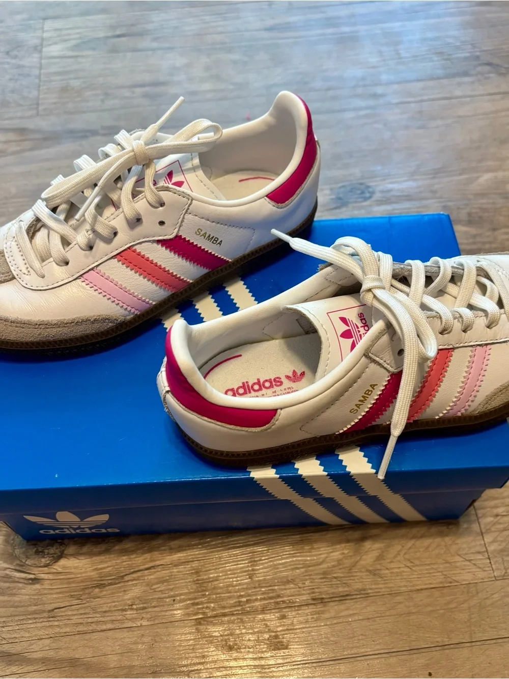 Hard to find adidas Kids Samba Sneakers in White with Pink Stripes